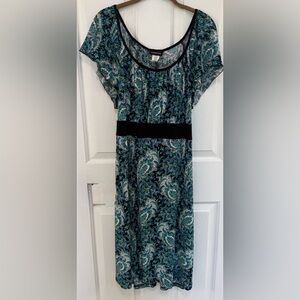 Perseption Women’s Teal Paisley Scoop Neck Dress with Black Tie Back Waistband